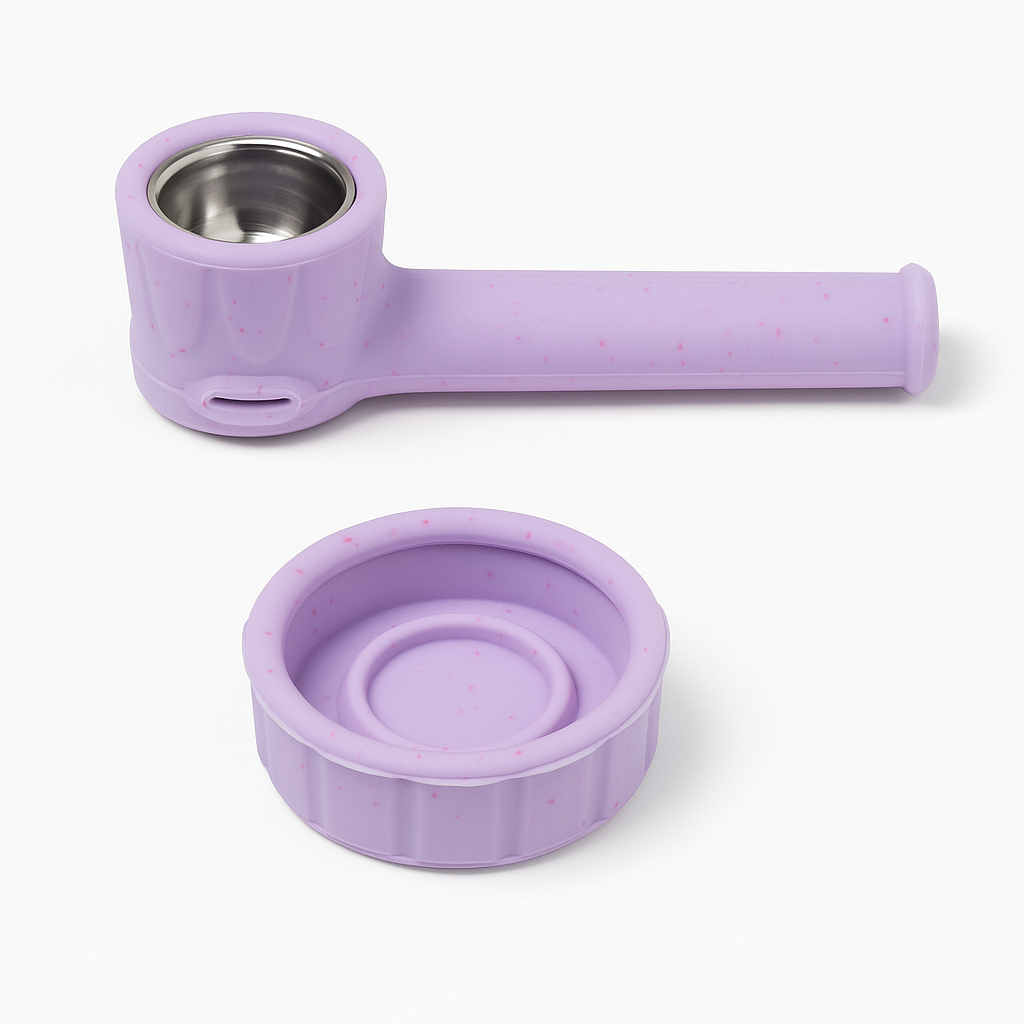 69897C8F-277B-43A5-BA72-8430B33FFF9E.png Silicone Smoking Pipe with Glass Bowl & Lid- Assorted - Image 1