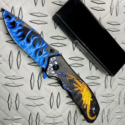 KS1934GD_00.jpg 3" Blue Blade / Gold Dragon Handle - Image 1